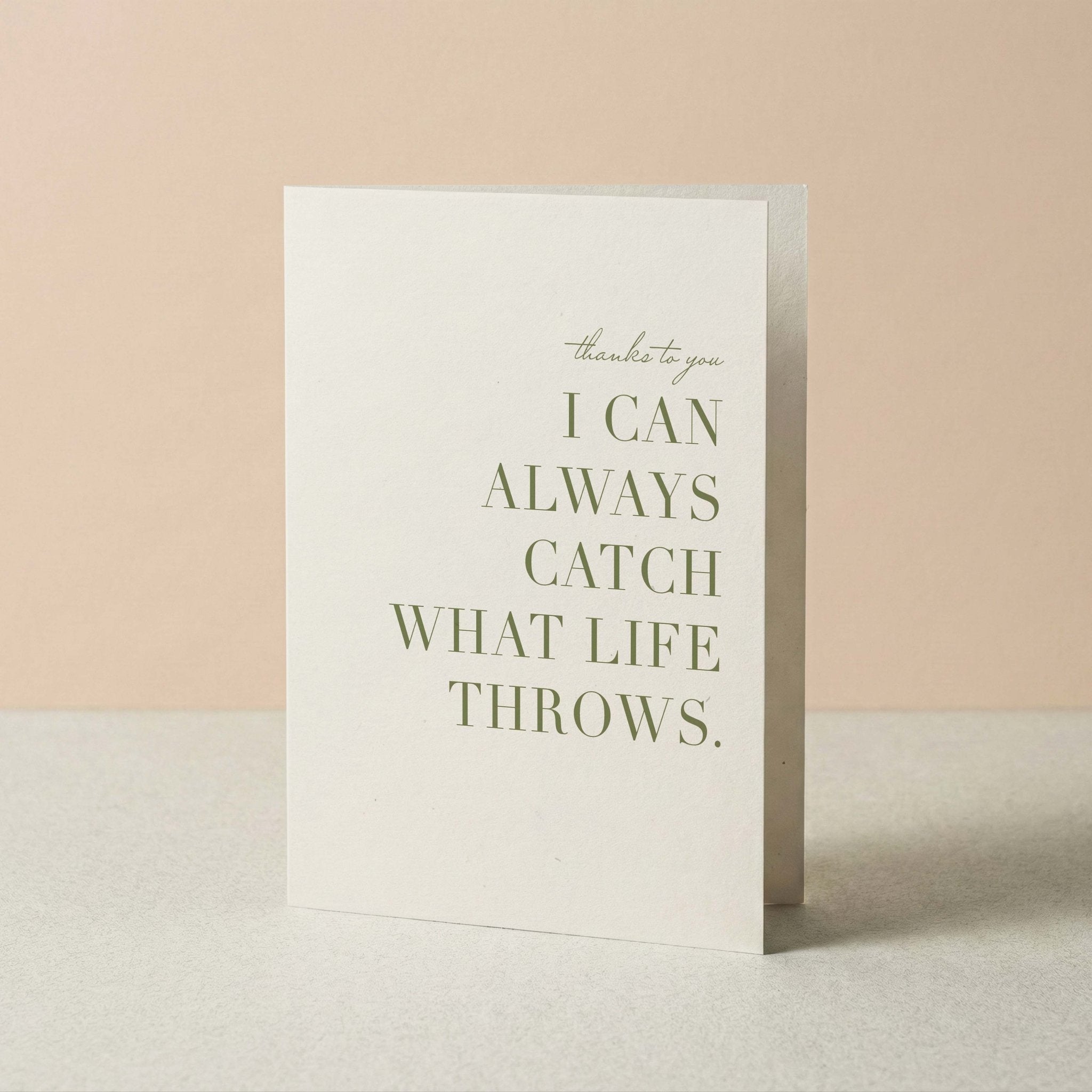 Catch What Life Throws thank you card by Blú Rose standing upright, ivory card with sage typography on a neutral background
