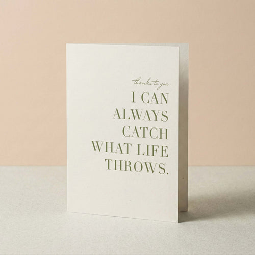 Catch What Life Throws thank you card by Blú Rose standing upright, ivory card with sage typography on a neutral background