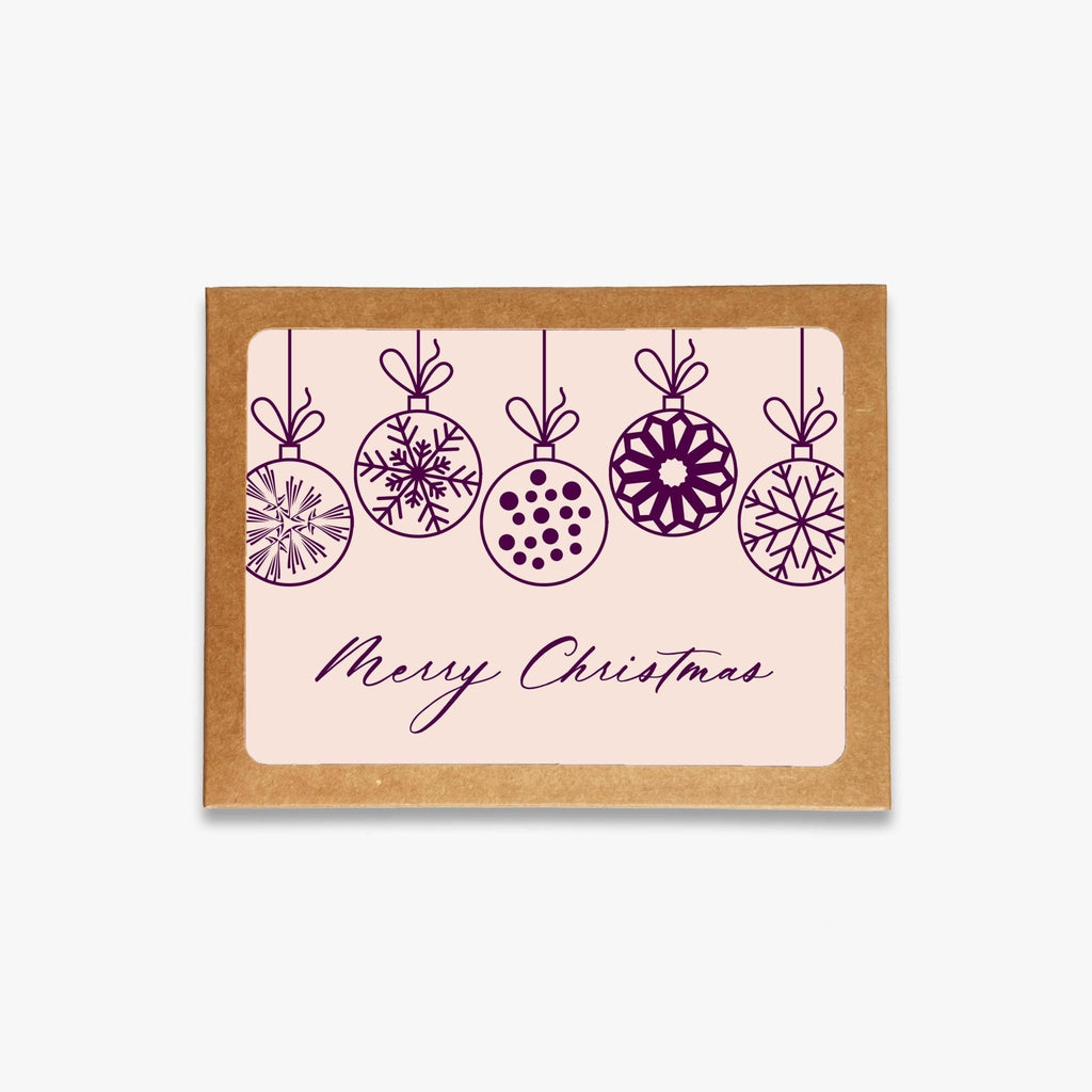 Christmas Ornaments Greeting Card Boxed Set featuring eight pink and plum cards with kraft envelopes in modern kraft packaging.