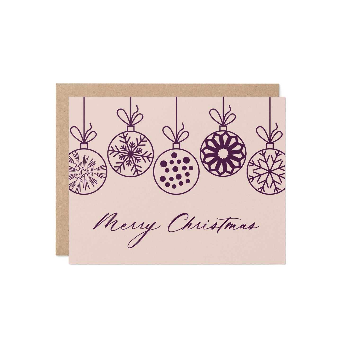 Christmas Ornaments Greeting Card in pink and plum with kraft envelope, reading “Merry Christmas.”