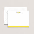 Color Bar personalized notecards by Blú Rose, white flat notecard with the name 'Miranda Hill', a yellow monogram and a yellow bottom color bar, shown with a coordinating white envelope