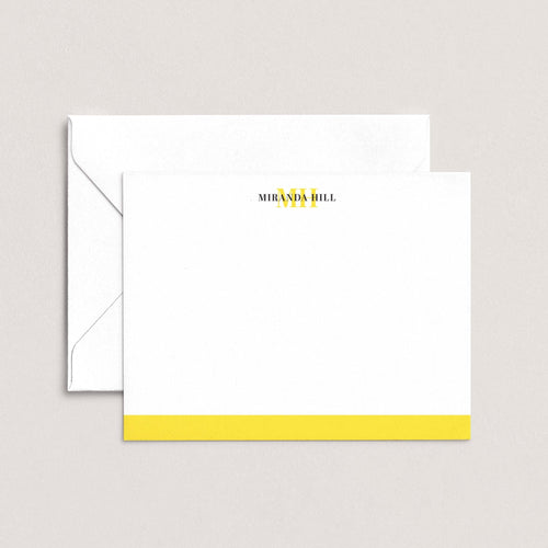 Color Bar personalized notecards by Blú Rose, white flat notecard with the name 'Miranda Hill', a yellow monogram and a yellow bottom color bar, shown with a coordinating white envelope