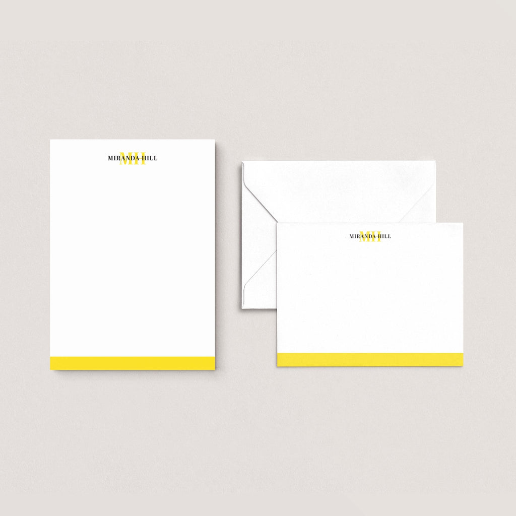 Color Bar personalized stationery set by Blú Rose, yellow color-bar notepad with matching flat notecard and envelope, personalized 'Miranda Hill'