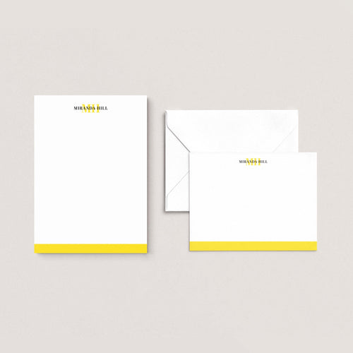 Color Bar personalized stationery set by Blú Rose, yellow color-bar notepad with matching flat notecard and envelope, personalized 'Miranda Hill'