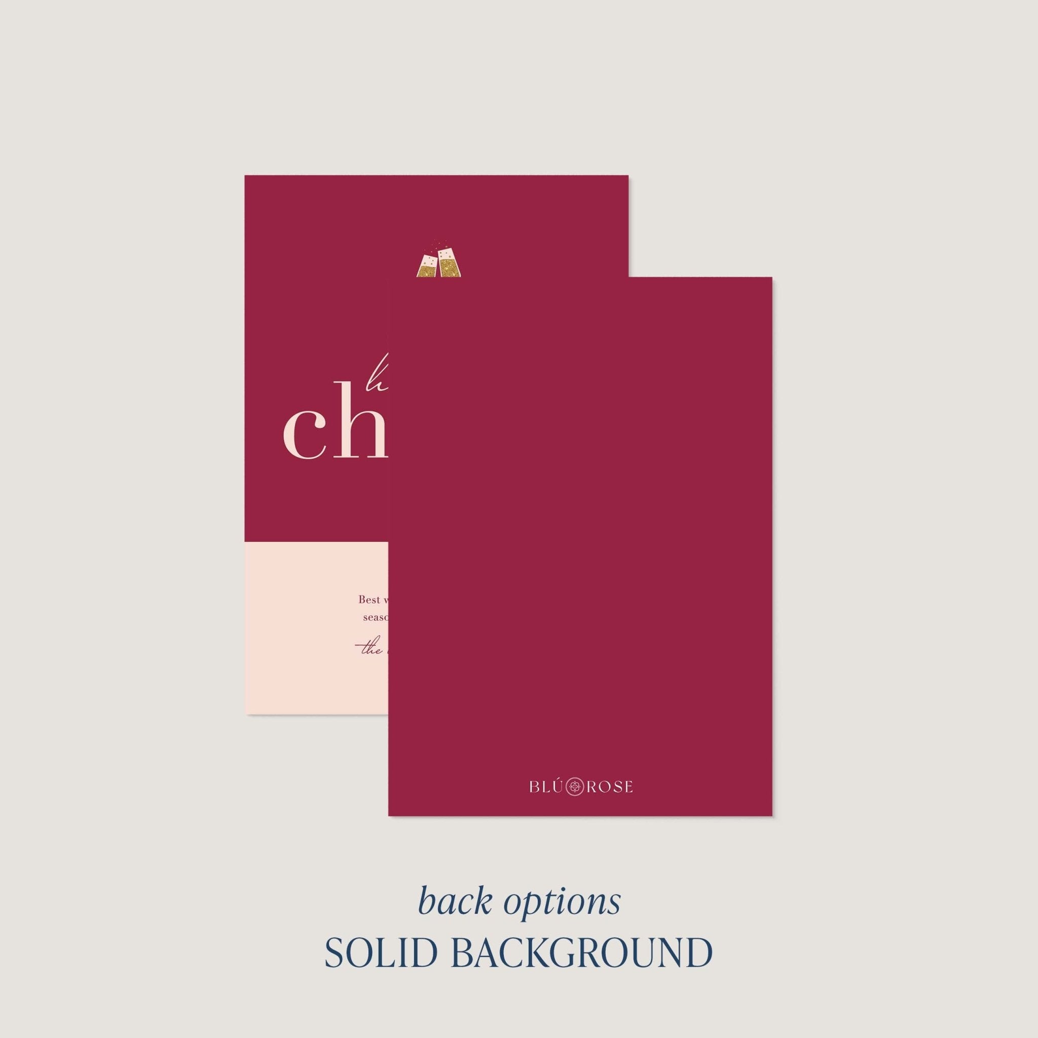 Color Block Cheers card back option: solid burgundy with a small Blú Rose mark