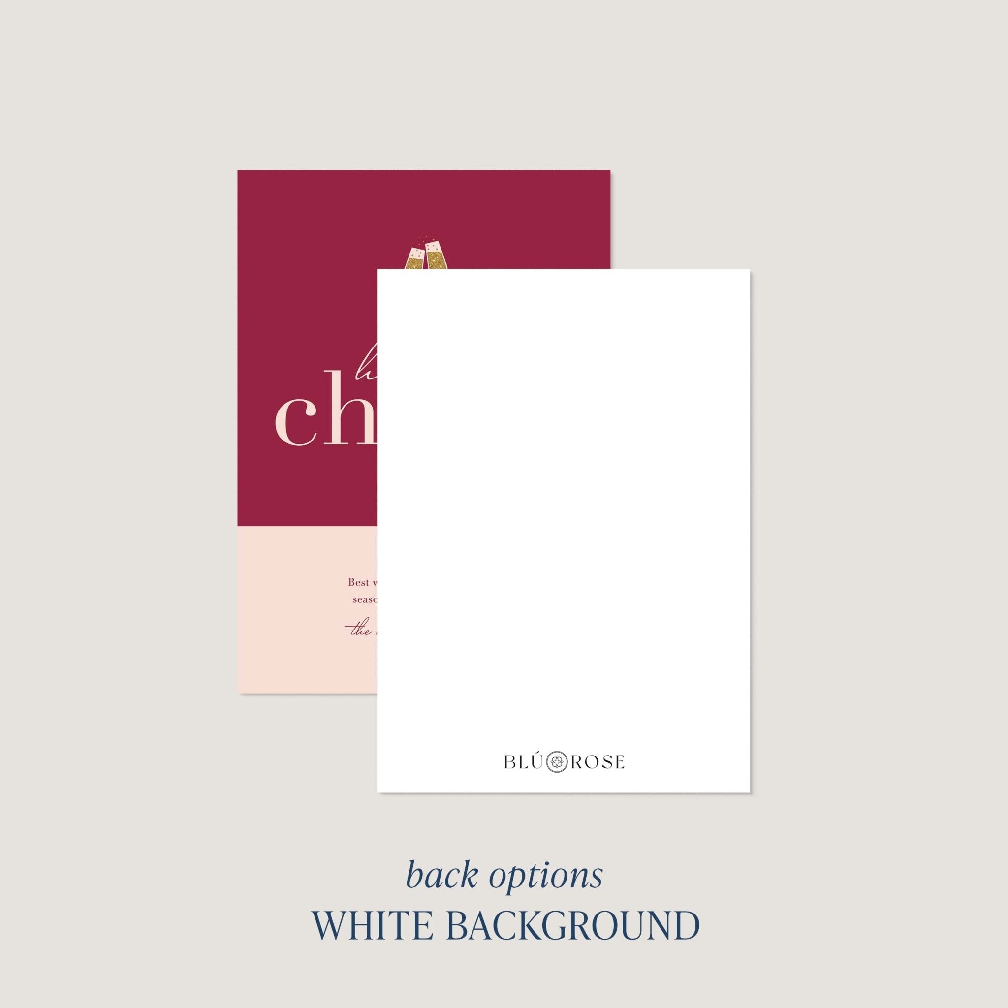 Color Block Cheers card back option: plain white with a small Blú Rose mark