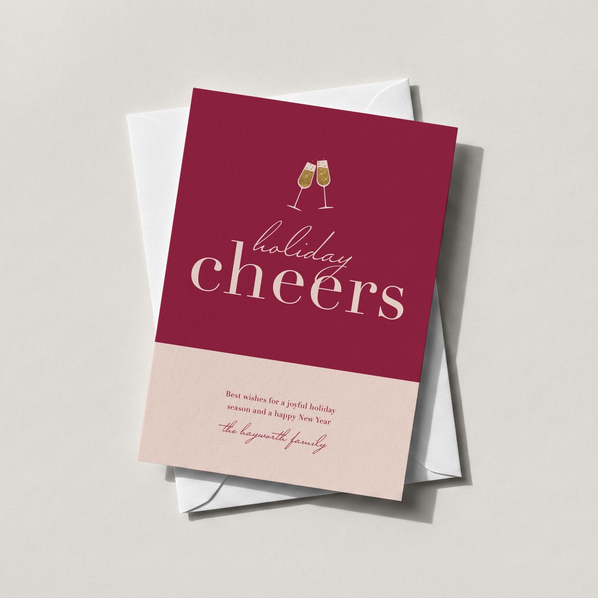Color Block Cheers card with a burgundy and blush color block and holiday cheers in script