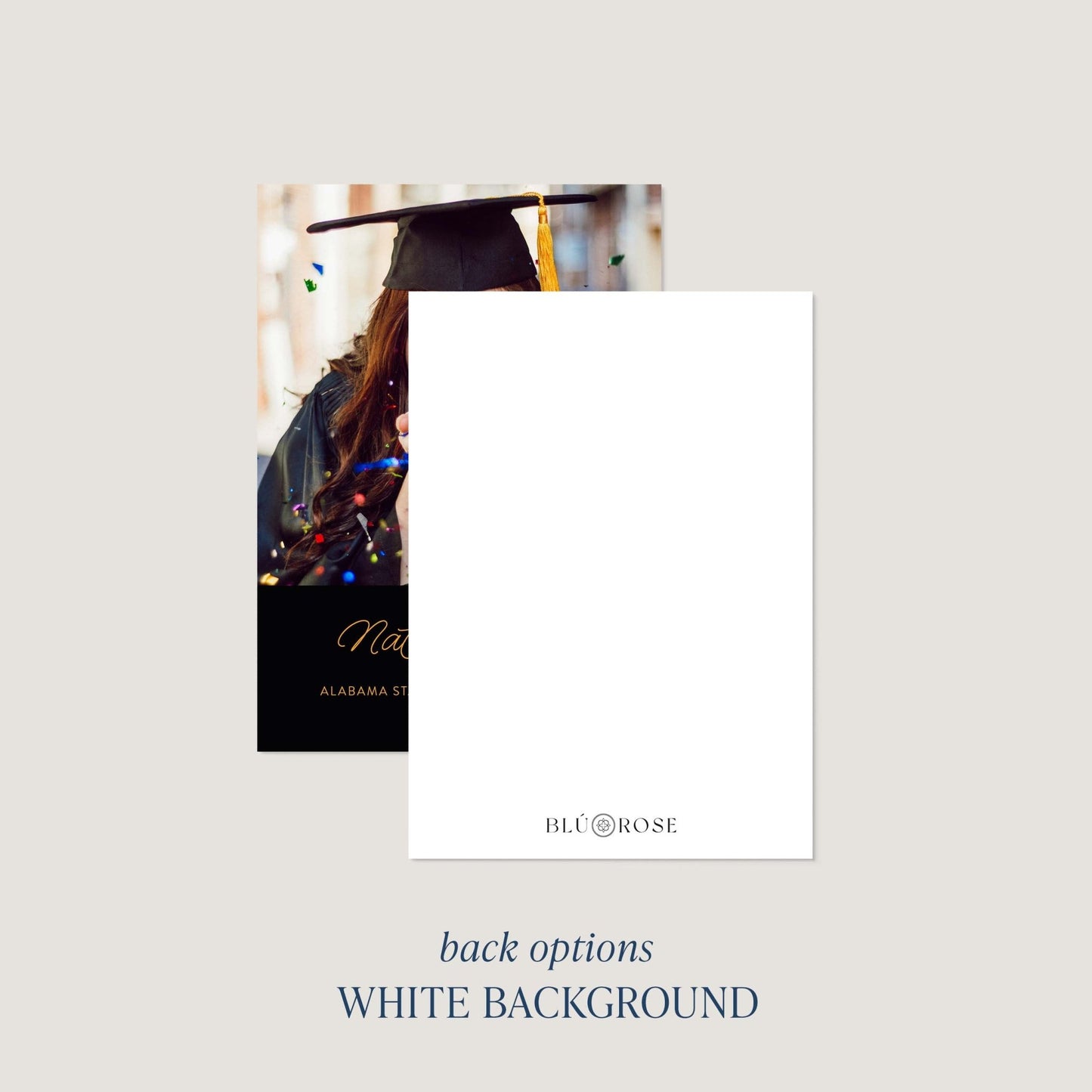 Back of confetti graduation announcement card with white background option