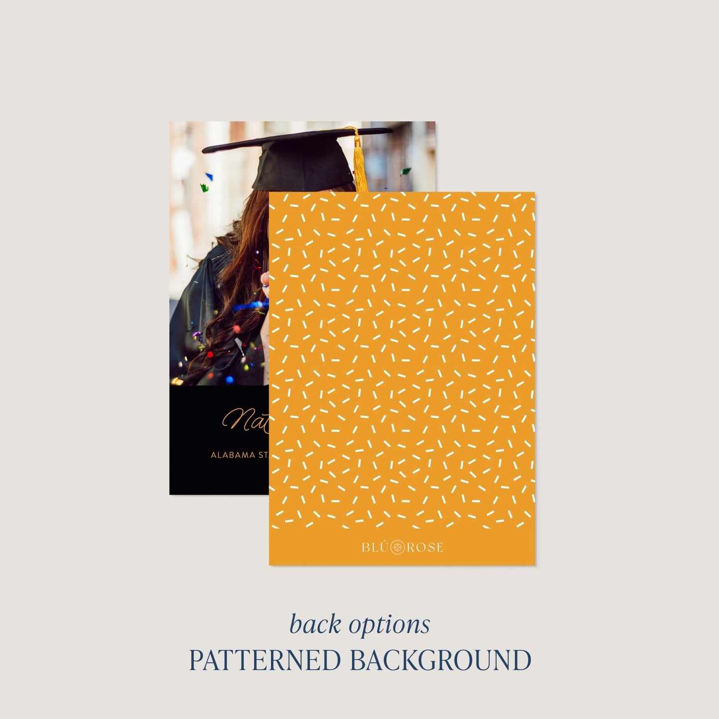 Back of confetti graduation announcement card with patterned background option