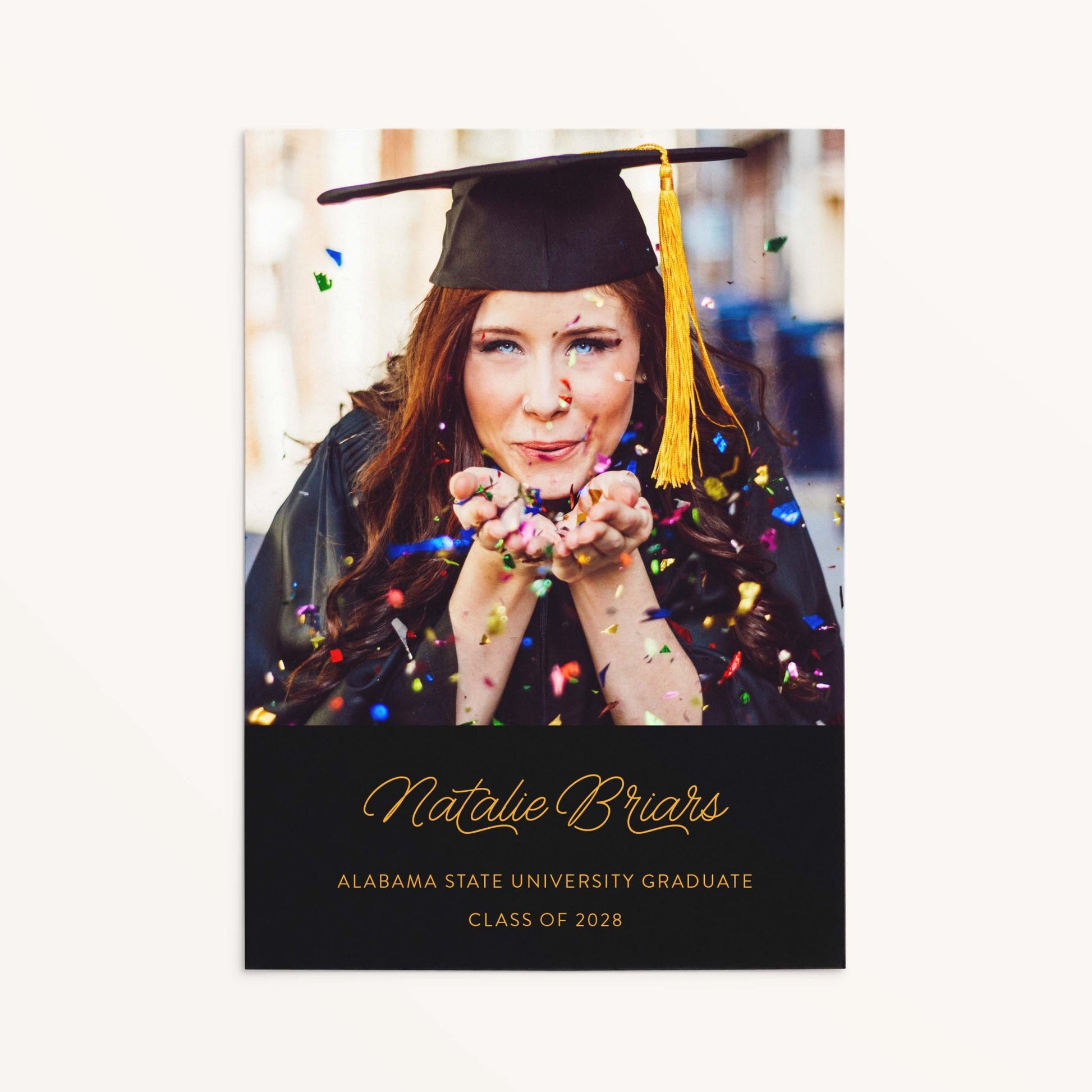 Confetti color block graduation announcement card showing personalized photo and marigold script name