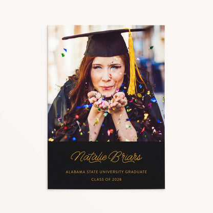 Confetti color block graduation announcement card showing personalized photo and marigold script name