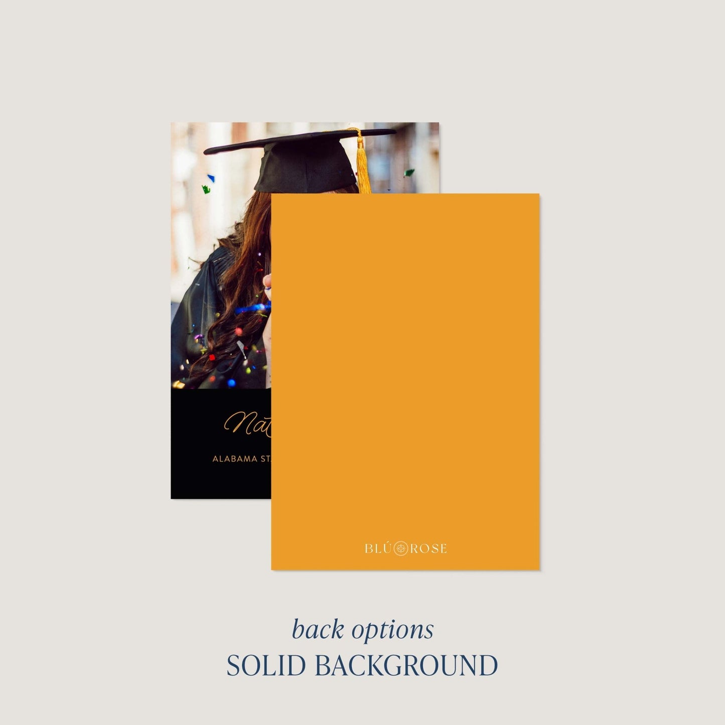 Back of confetti graduation announcement card with solid color background option