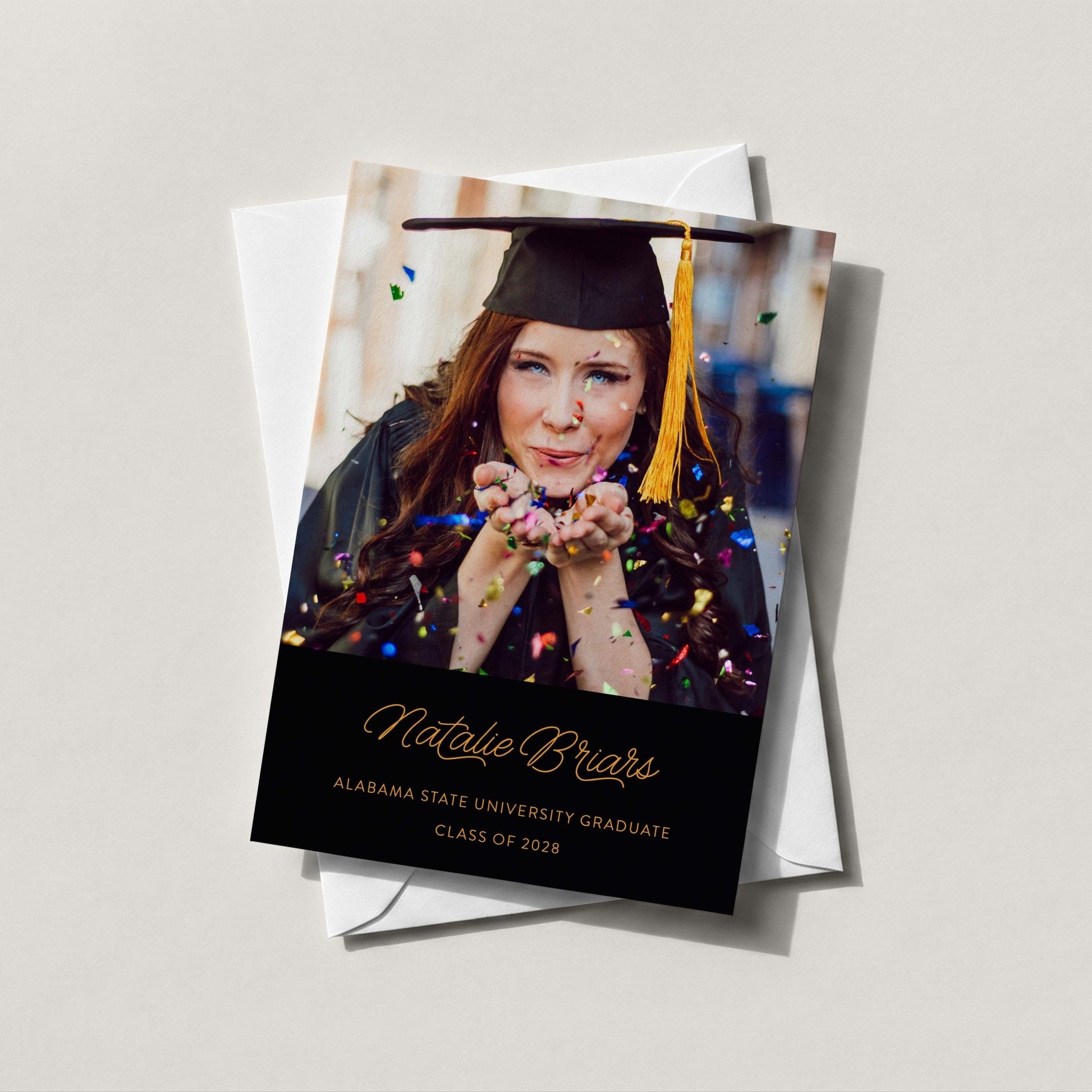 Confetti color block photo graduation announcement card with personalized name and school details, A7 size with white envelope