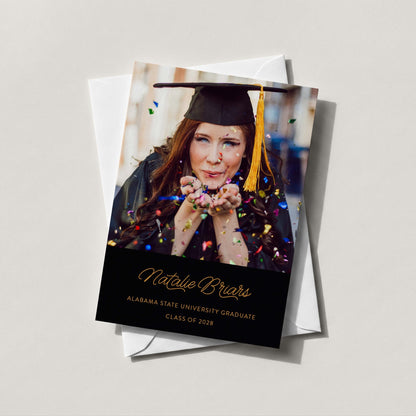 Confetti color block photo graduation announcement card with personalized name and school details, A7 size with white envelope