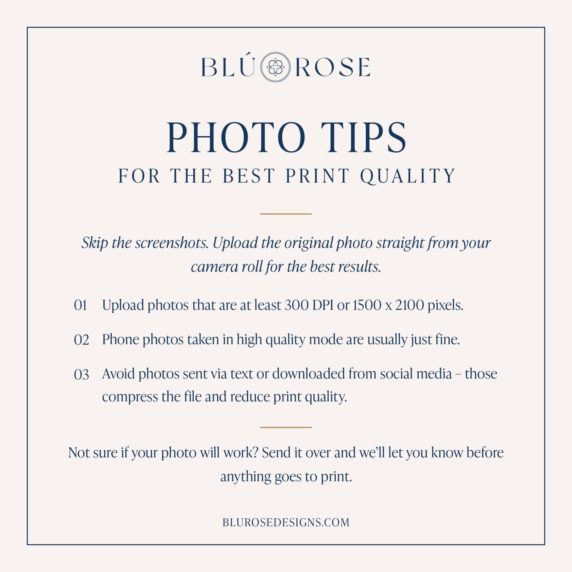Photo tips guide for best print quality on Blú Rose cards.