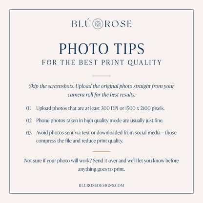 Photo tips guide for best print quality on Blú Rose cards.