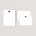 Custom Logo stationery set by Blú Rose, white logo notepad with matching flat notecard and envelope, personalized with a custom company logo