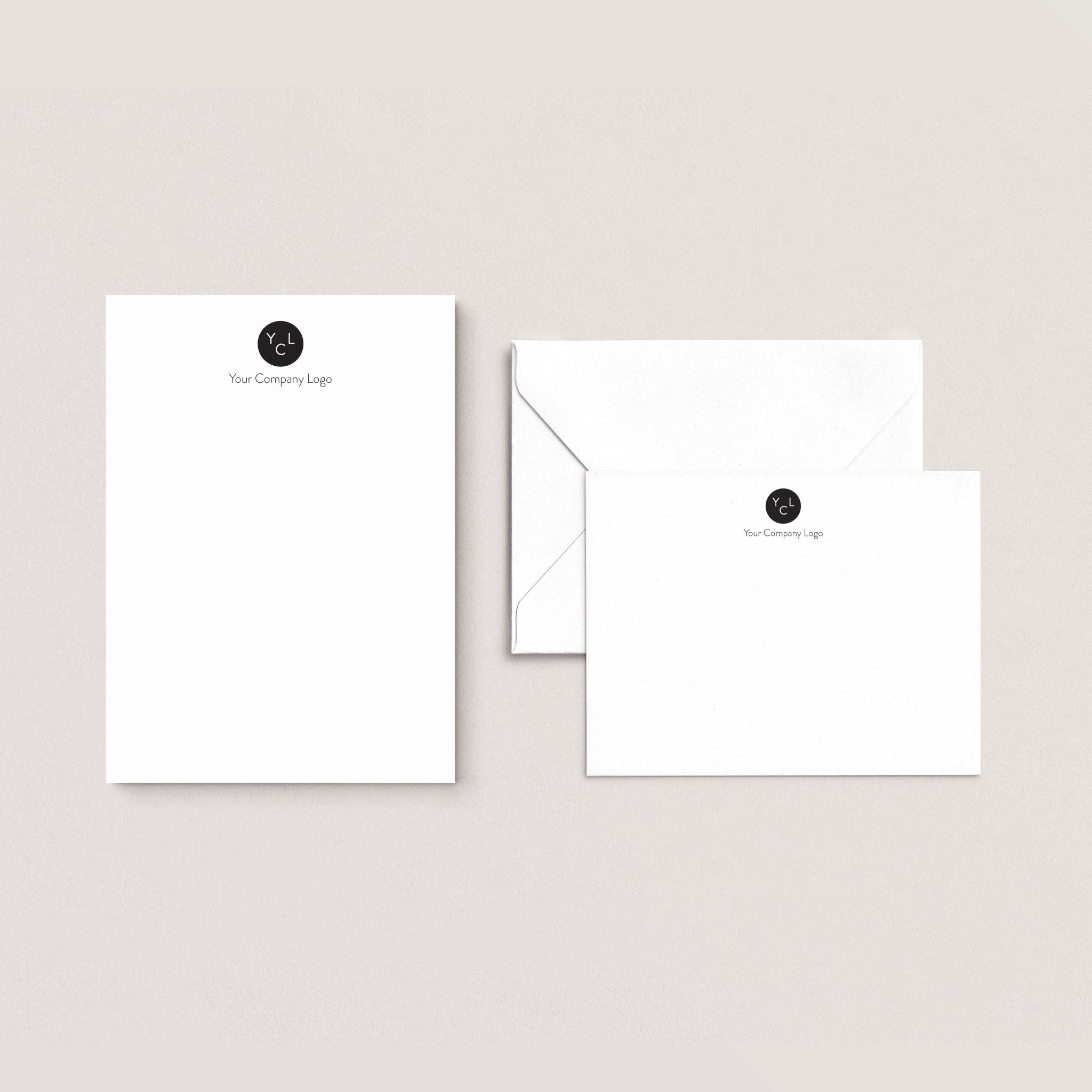 Custom Logo stationery set by Blú Rose, white logo notepad with matching flat notecard and envelope, personalized with a custom company logo