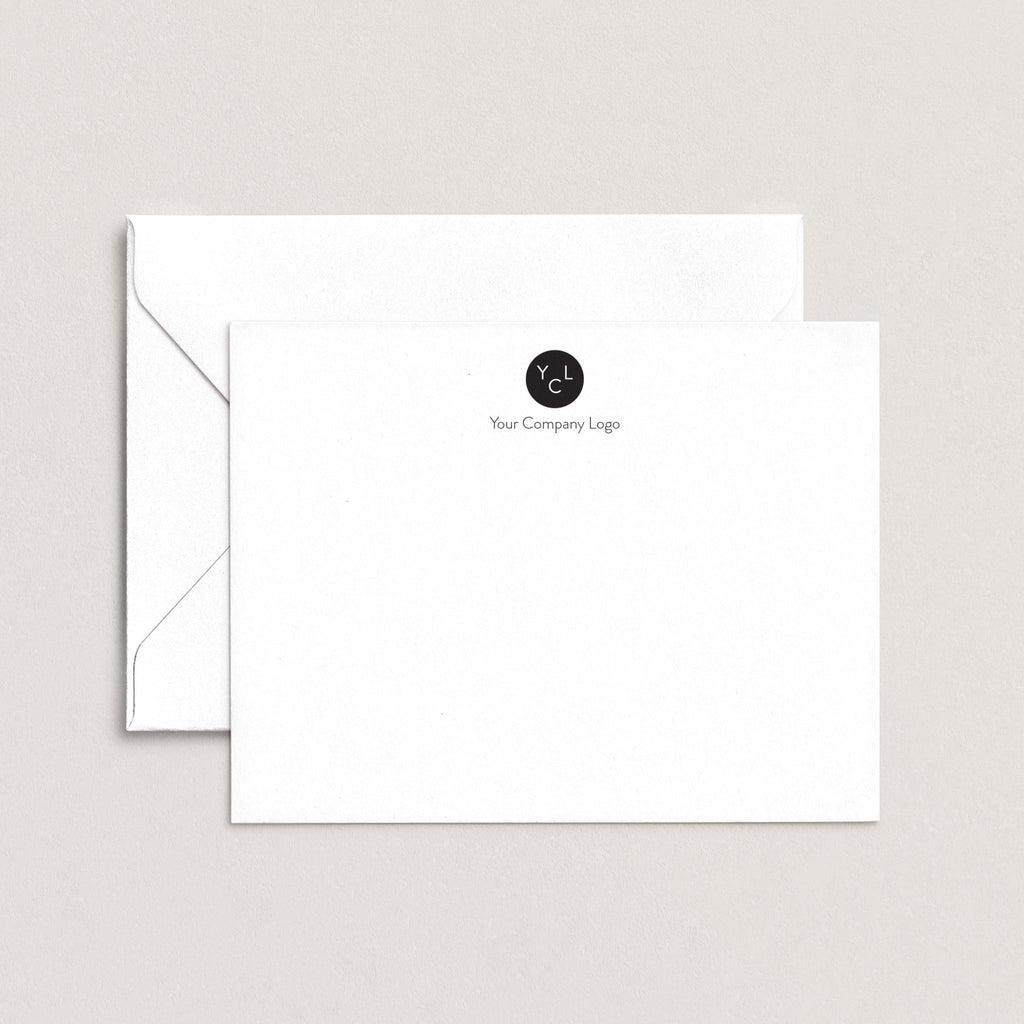Custom Logo personalized notecards by Blú Rose, white flat notecard with a centered custom company logo, shown with a coordinating white envelope