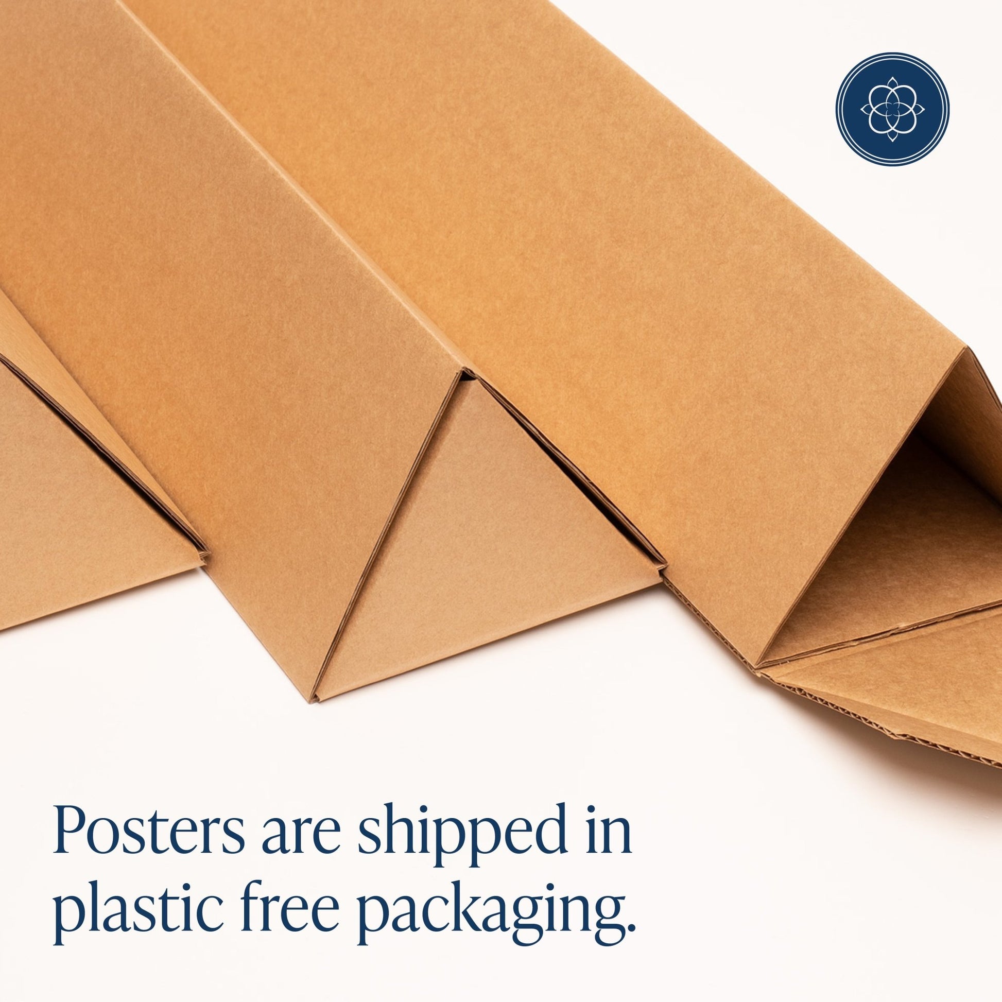 Cardboard packaging with text indicating plastic-free shipping