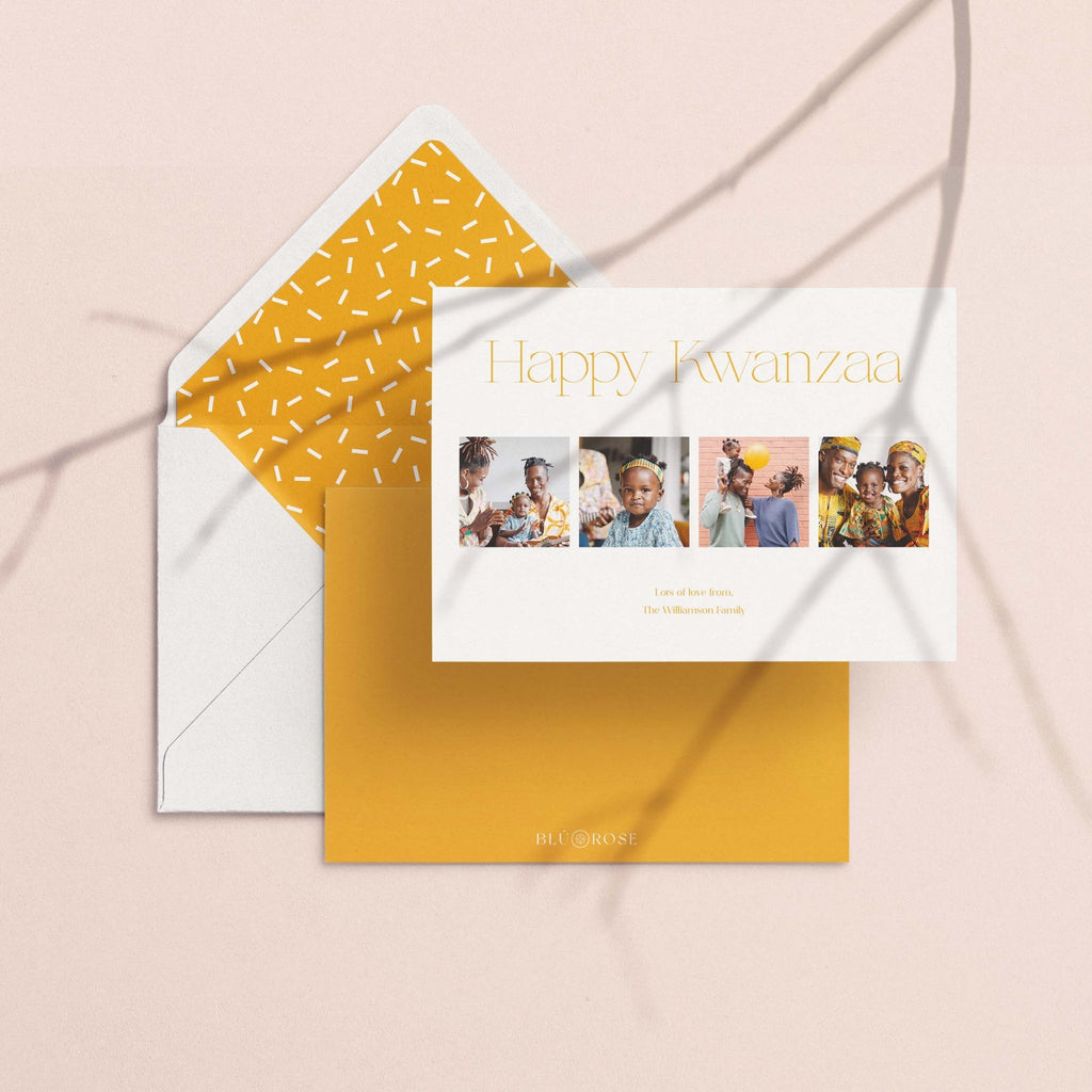 Elegant Four photo card with its golden confetti-print envelope liner on a blush backdrop