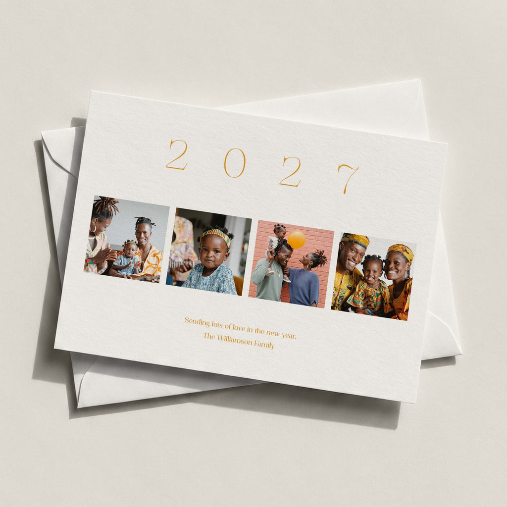 Elegant Four landscape photo card with four family photos and 2027 in gold across the top