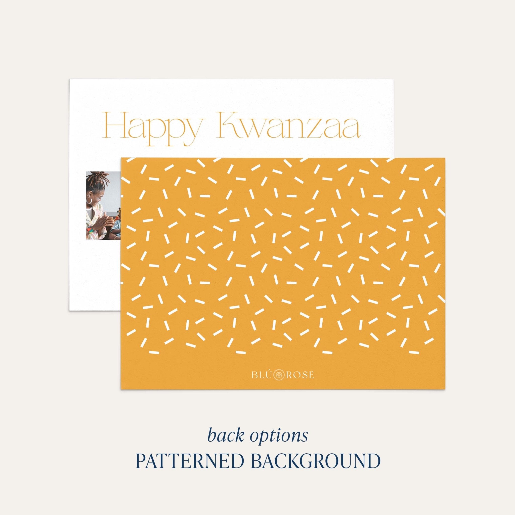 Elegant Four photo card back option: golden yellow with a confetti dash print