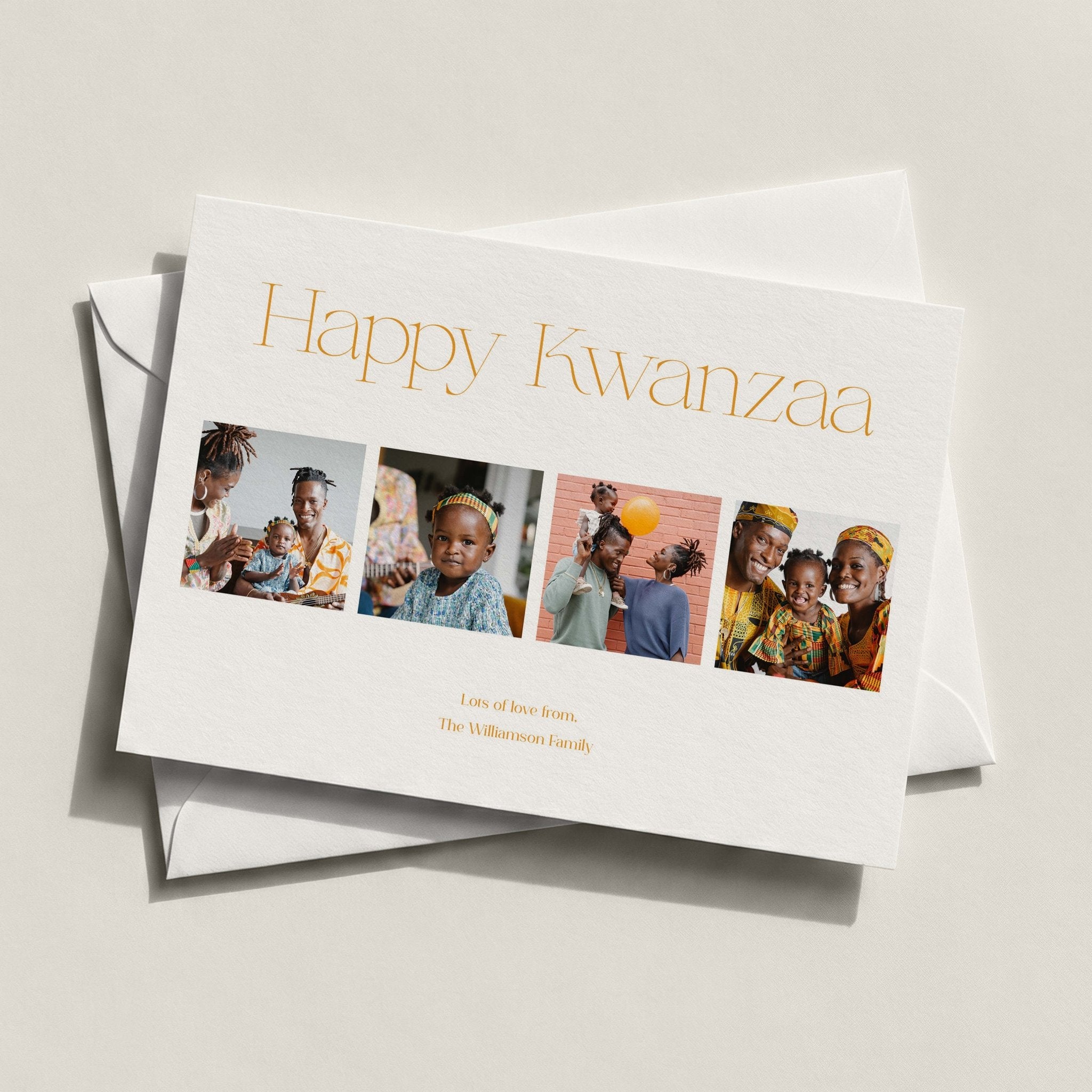Elegant Four landscape photo card with four family photos and Happy Kwanzaa in gold lettering