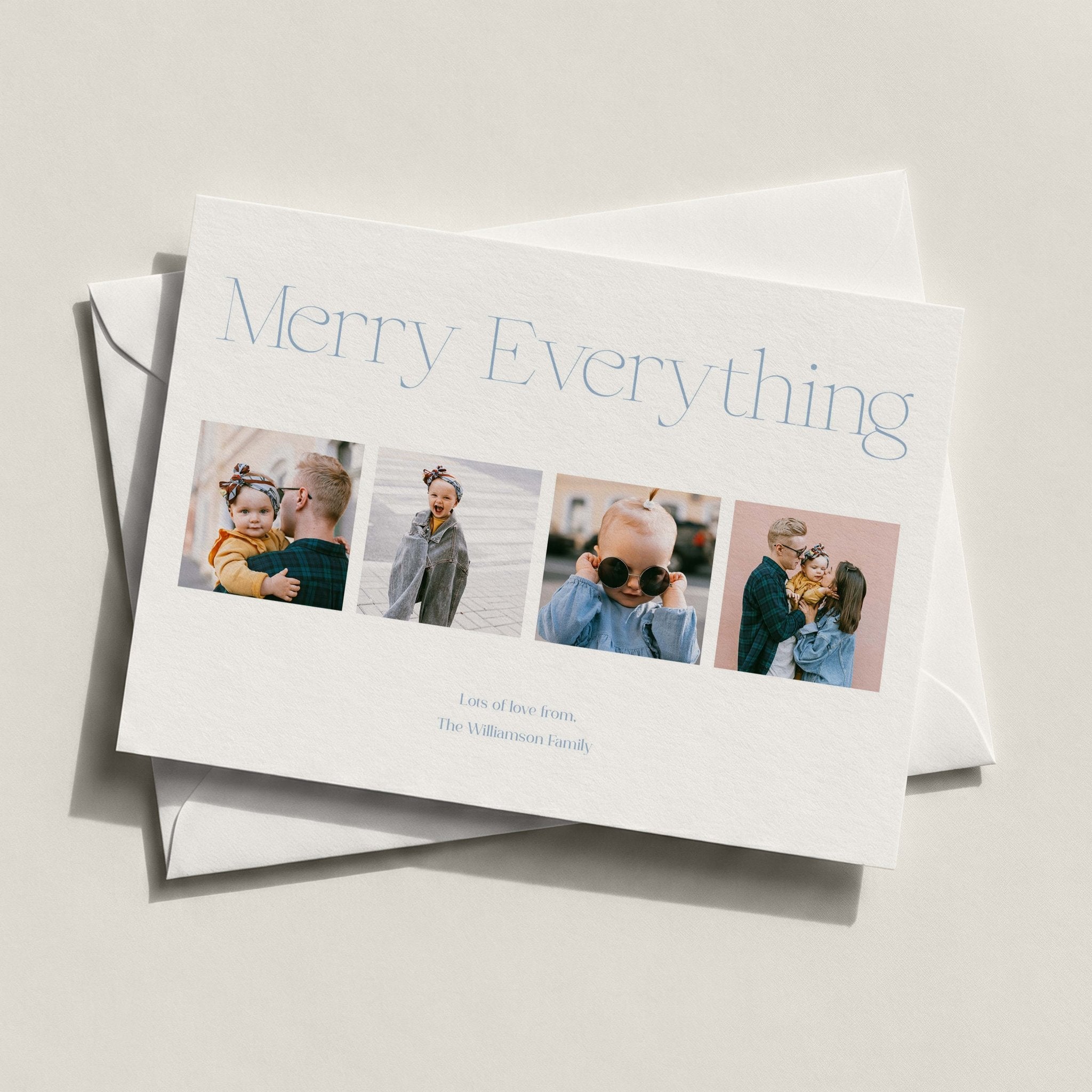 Elegant Four landscape photo card with four photos and Merry Everything in soft grey lettering