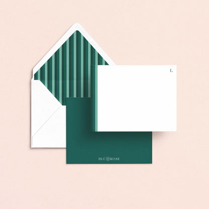 personalized green stripe notecard set with patterned envelope liner
