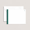 Elegant Green personalized notecards by Blú Rose, white flat notecard with a green side stripe and a monogram initial, shown with a coordinating white envelope