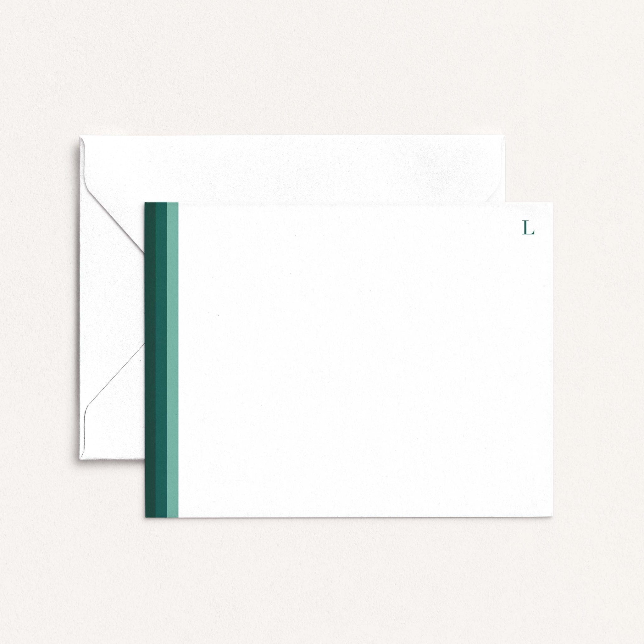 Personalized elegant green notecards with green vertical color bar and white envelope