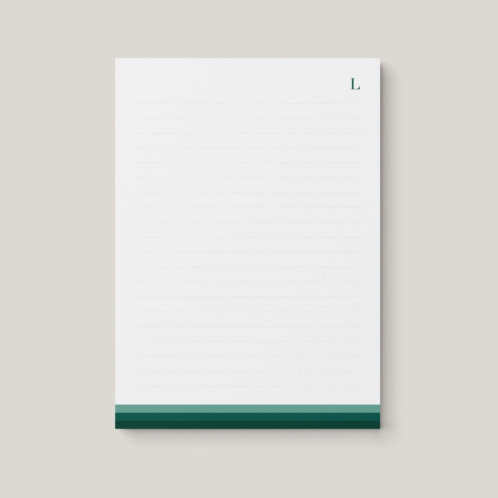Elegant Green personalized notepad by Blú Rose, cream lined notepad with a green monogram initial and a green bottom color bar