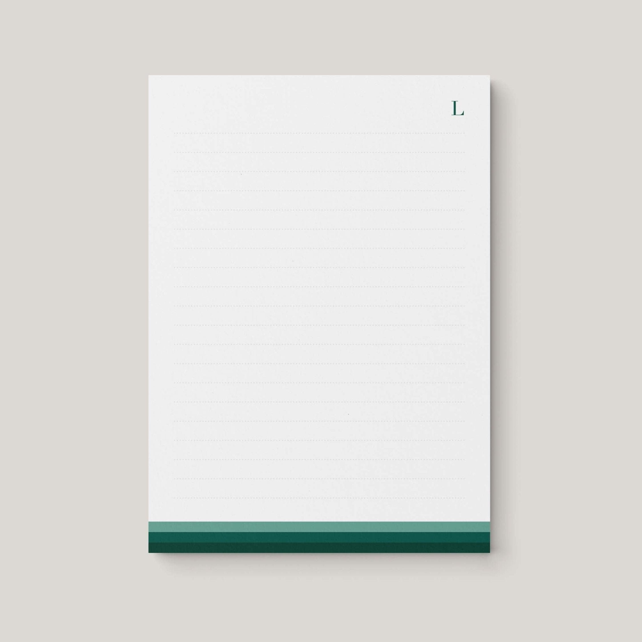 Elegant Green personalized notepad by Blú Rose, cream lined notepad with a green monogram initial and a green bottom color bar