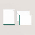 Elegant Green stationery set by Blú Rose, green-accent lined notepad with matching flat notecard and envelope, personalized with an 'L' monogram
