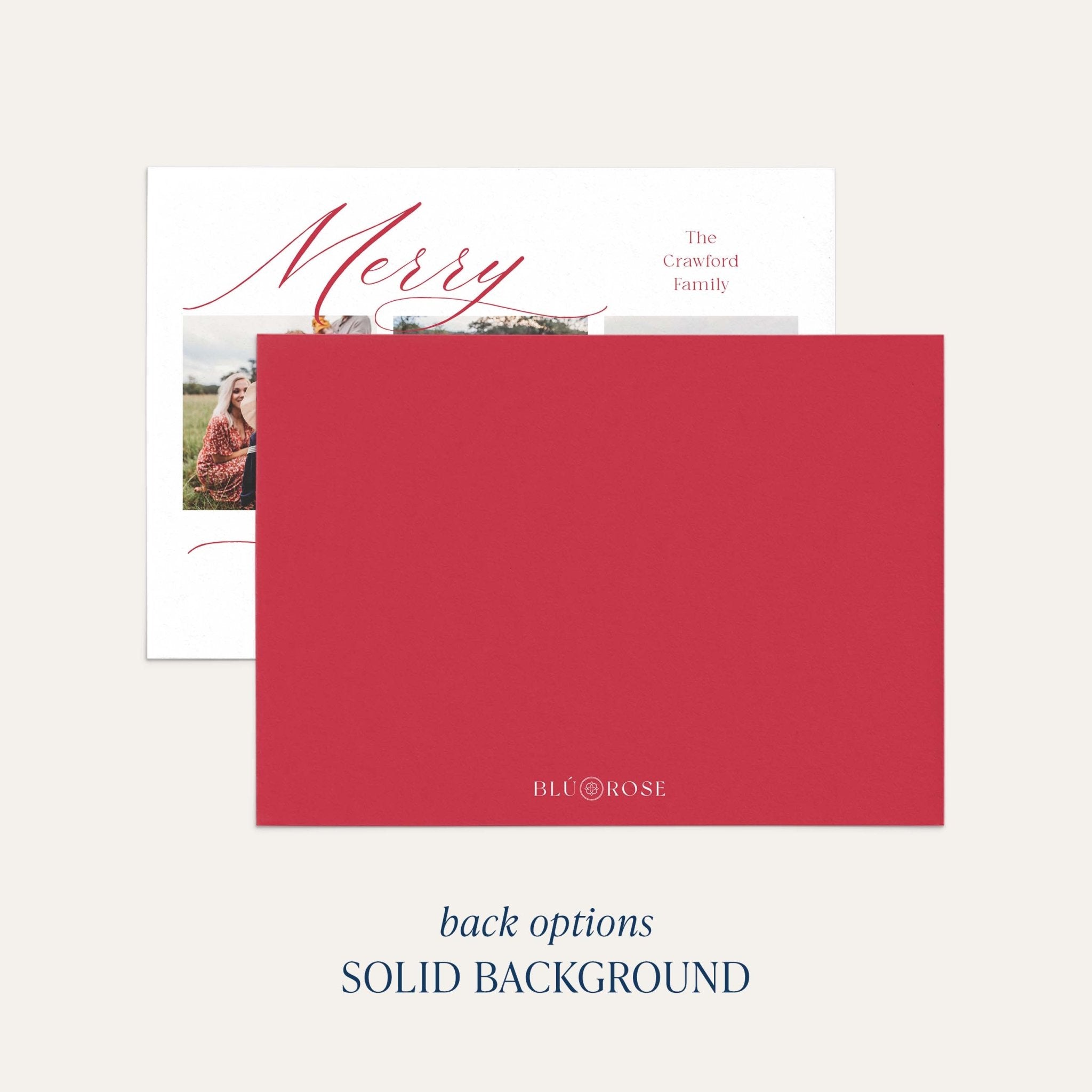Elegant Three photo card back option: solid red with a small Blú Rose mark