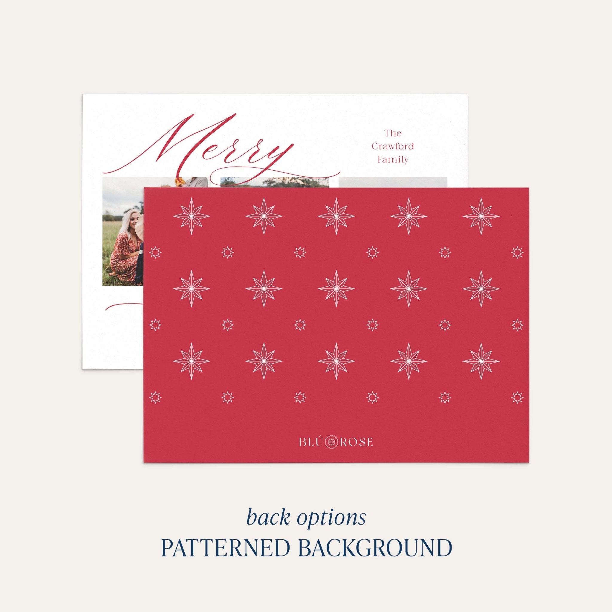 Elegant Three photo card back option: red with a delicate snowflake print