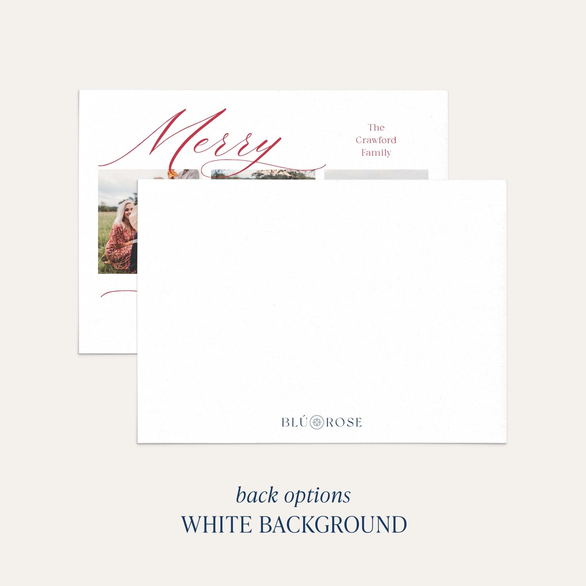 Elegant Three photo card back option: plain white with a small Blú Rose mark