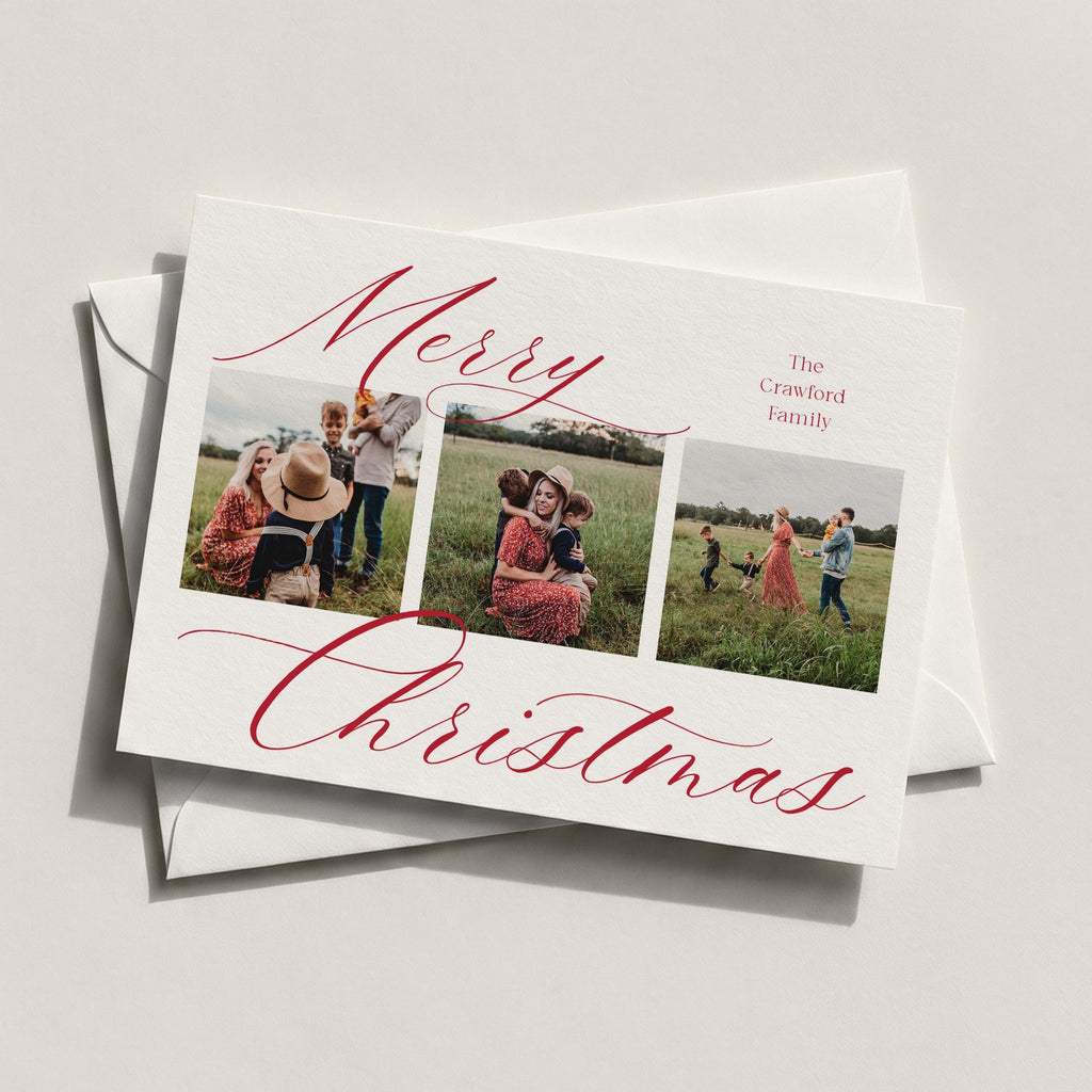 Elegant Three landscape photo card with three family photos and Merry Christmas in red script