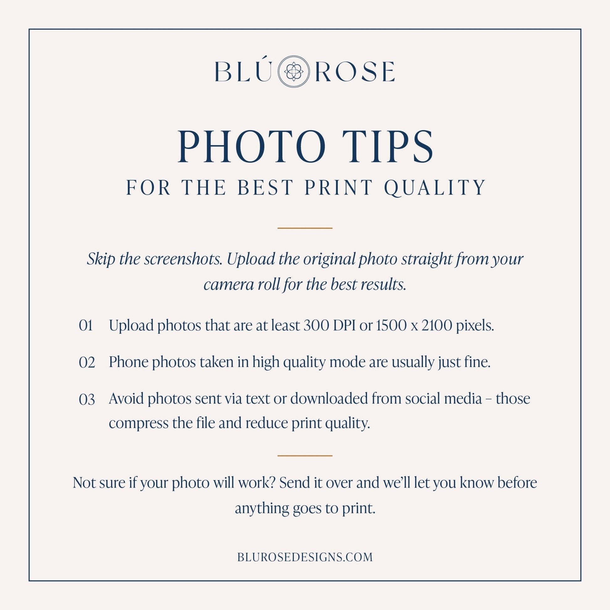 text that provides photo tips for achieving the best print quality. It advises to upload the original photo straight from the camera roll, avoid sending photos via text or downloaded from social media, and to ensure the photo will work before sending it. The image is a collage of multiple images, and the text is not a description of each individual image but rather a general advice for improving print quality.