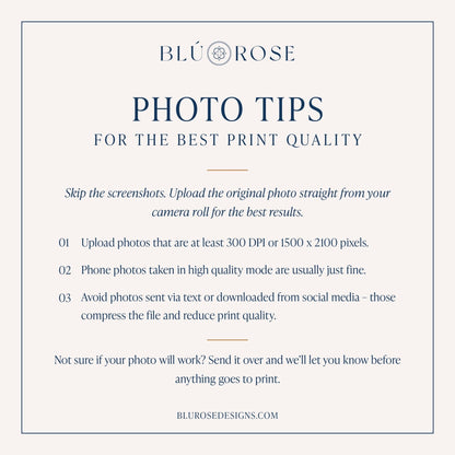 text that provides photo tips for achieving the best print quality. It advises to upload the original photo straight from the camera roll, avoid sending photos via text or downloaded from social media, and to ensure the photo will work before sending it. The image is a collage of multiple images, and the text is not a description of each individual image but rather a general advice for improving print quality.