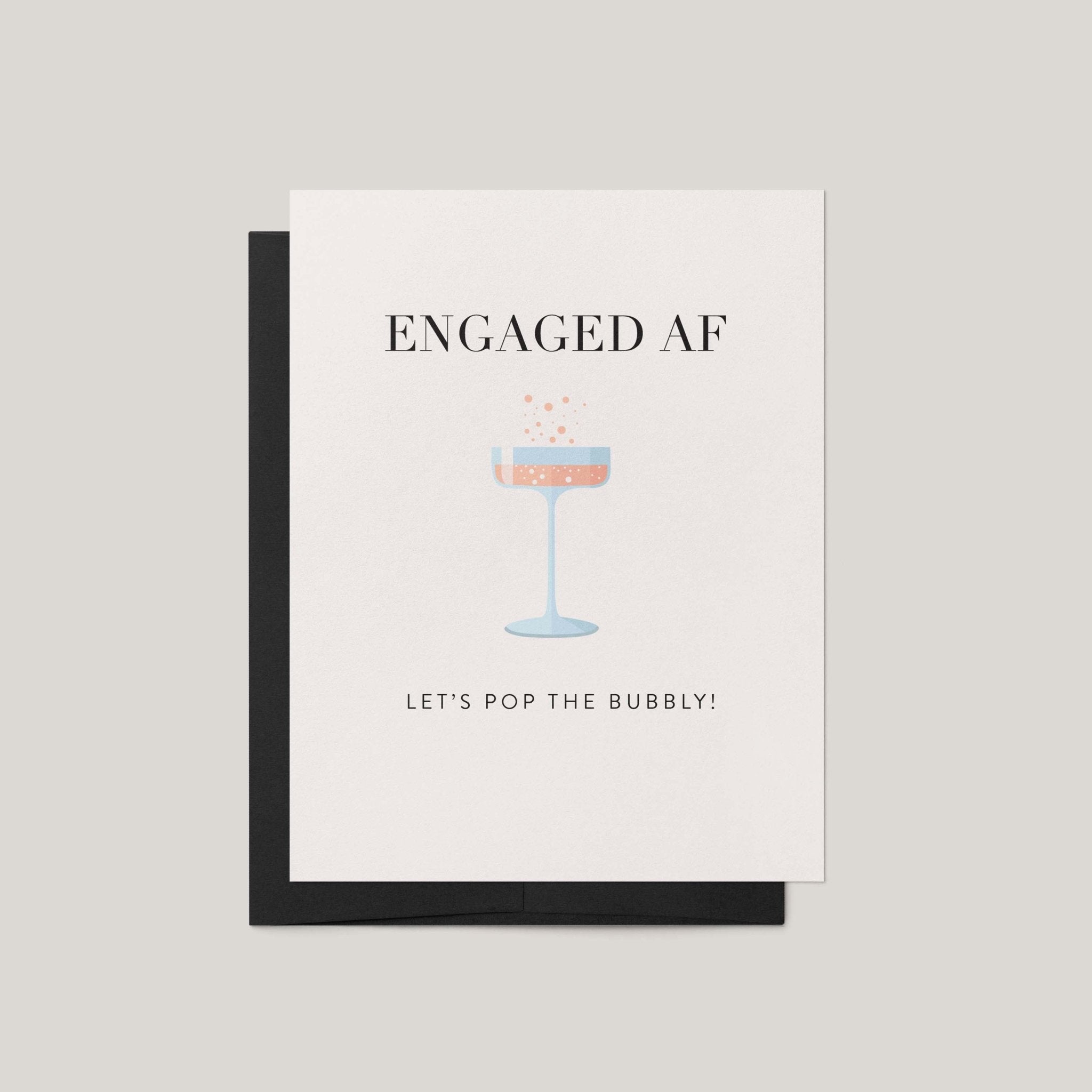 Greeting card with 'ENGAGED AF' text and champagne glass illustration on a beige background