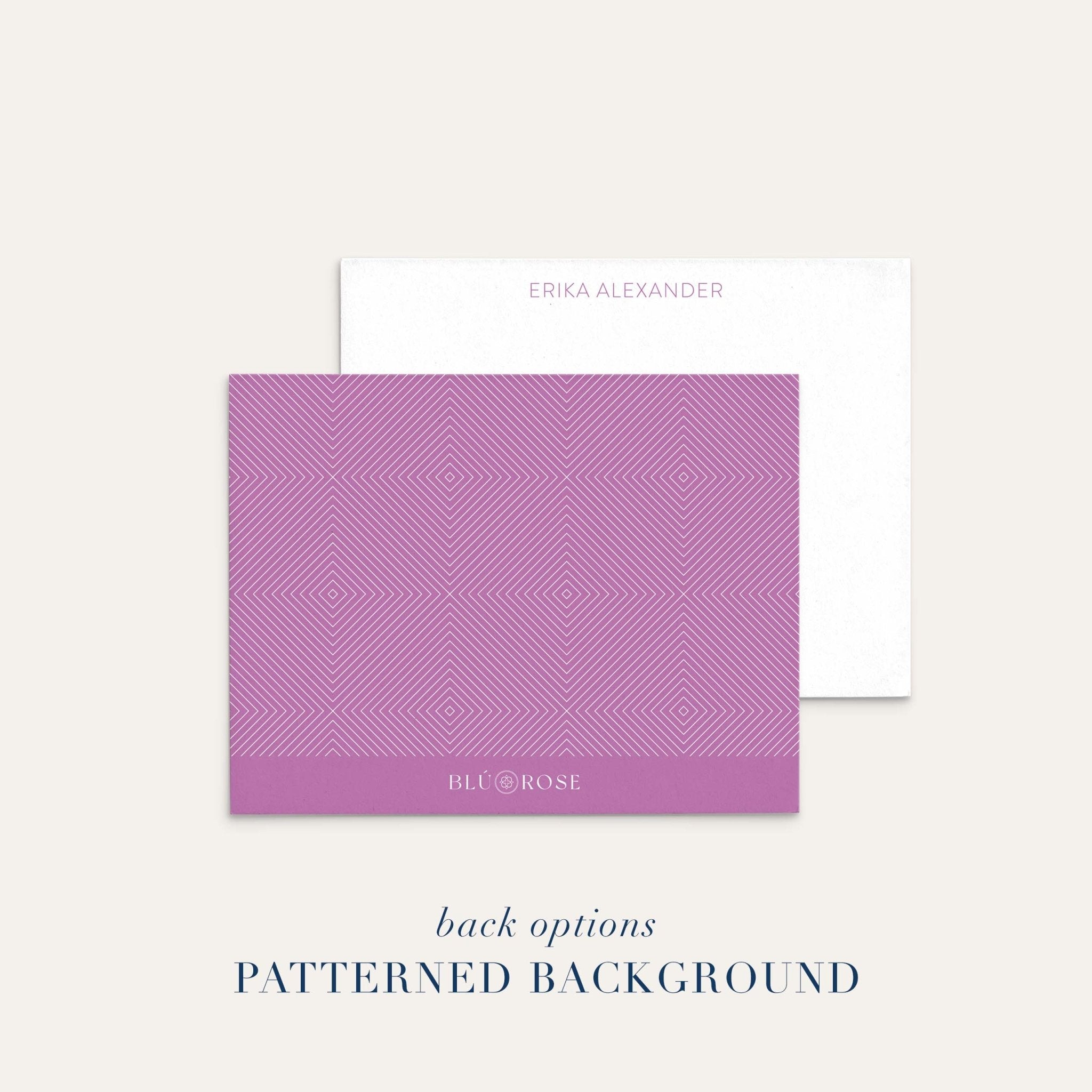 Personalized notecard with patterned lavender back design.