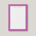 Erika Pattern personalized notepad by Blú Rose, white notepad with an orchid herringbone-patterned border and the name 'Erika Alexander'