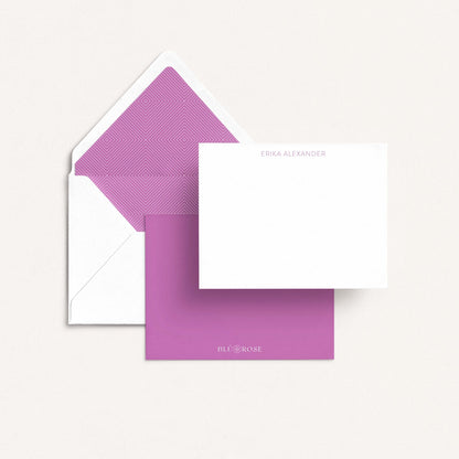 Flat notecard with Orchid envelope liner and coordinating envelope, name printed in Orchid at top.