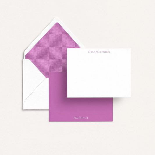 Flat notecard with Orchid envelope liner and coordinating envelope, name printed in Orchid at top.
