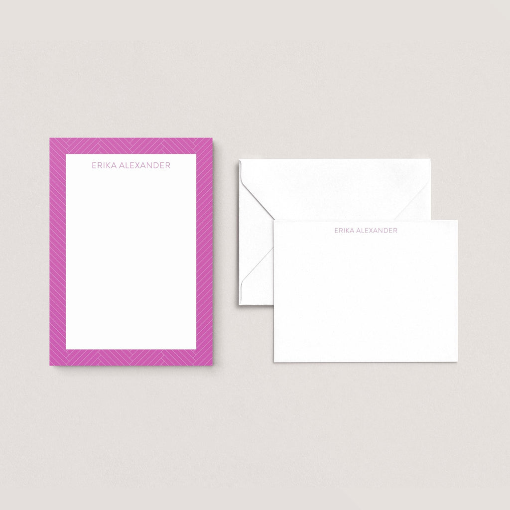 Erika stationery set by Blú Rose, orchid-patterned notepad with matching flat notecard and envelope, personalized 'Erika Alexander' in lavender