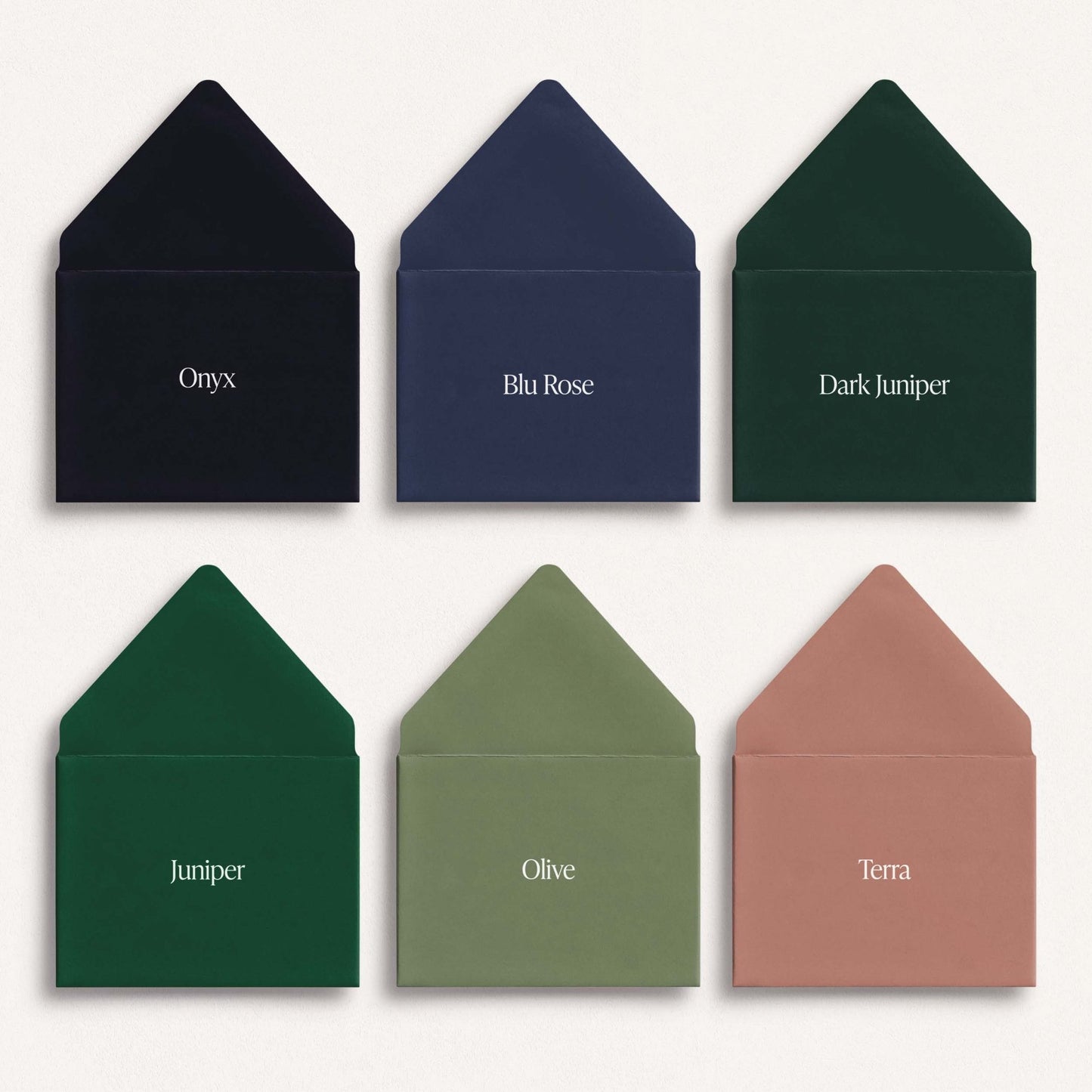 Blú Rose envelope color options in Onyx, Blu Rose, Dark Juniper, Juniper, Olive, and Terra