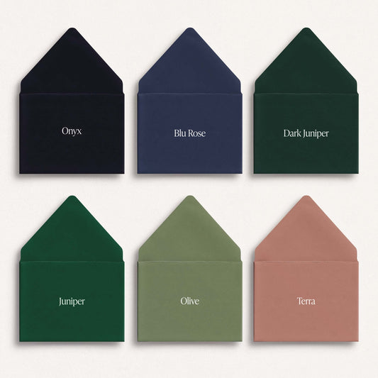 Blú Rose envelope color options in Onyx, Blu Rose, Dark Juniper, Juniper, Olive, and Terra