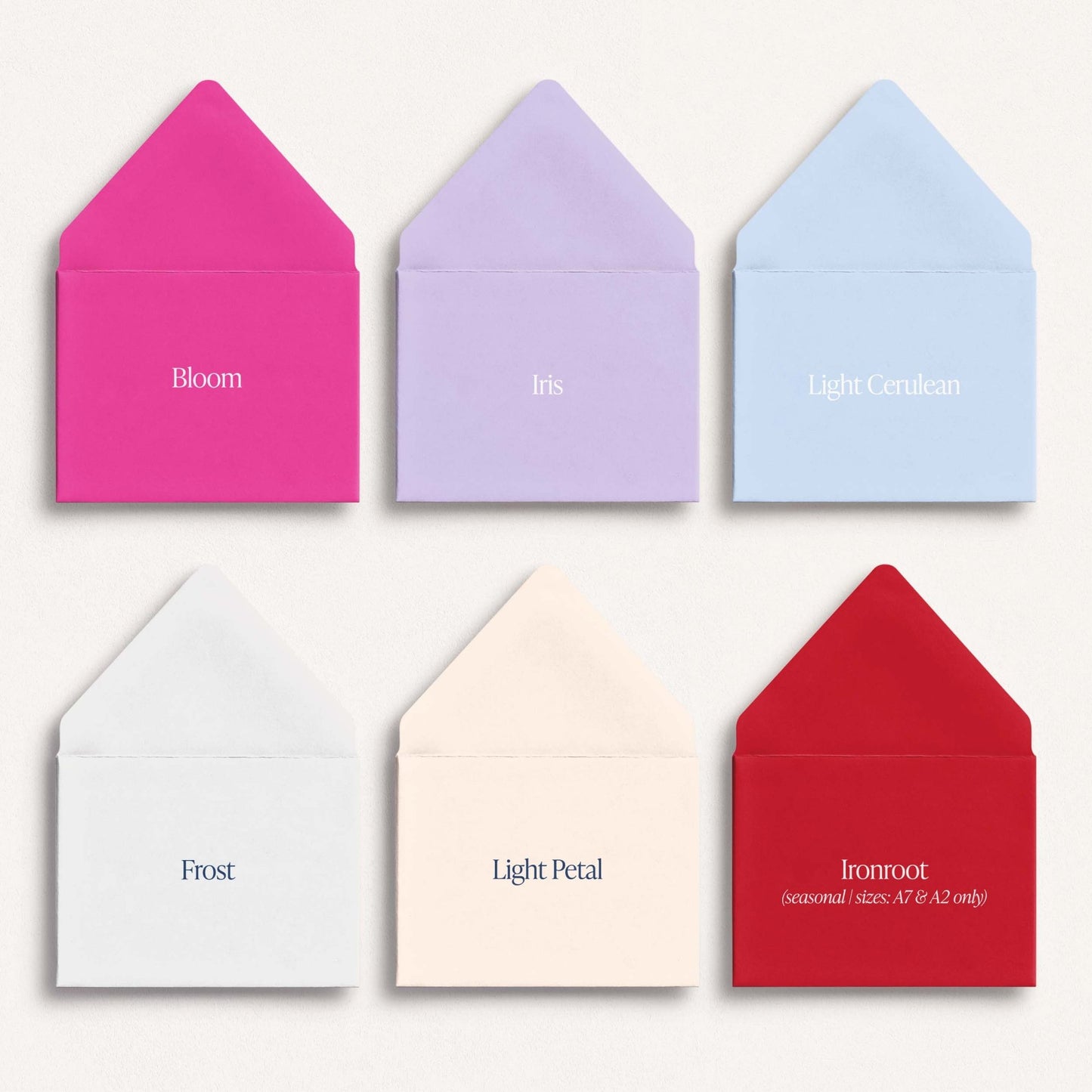Blú Rose envelope color options in Bloom, Iris, Light Cerulean, Frost, Light Petal, and Ironroot seasonal